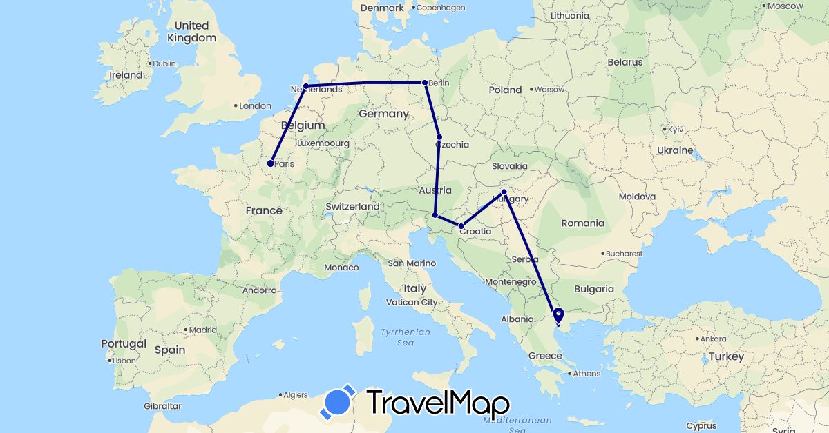 TravelMap itinerary: driving in Czech Republic, Germany, France, Croatia, Hungary, Netherlands, Slovenia (Europe)